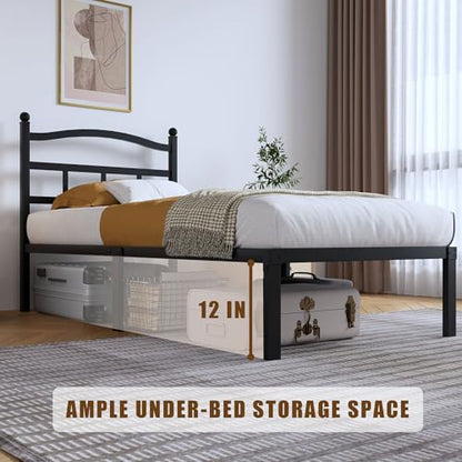 SHOANED 14 Inch Metal Bed Frame - Twin Size Heavy Duty Bedframe with Headboard Black Basic Steel Slats Platform No Box Spring Needed/Easy Assembly/Noise Free - size: Twin, style: 14 Inch with Headboard