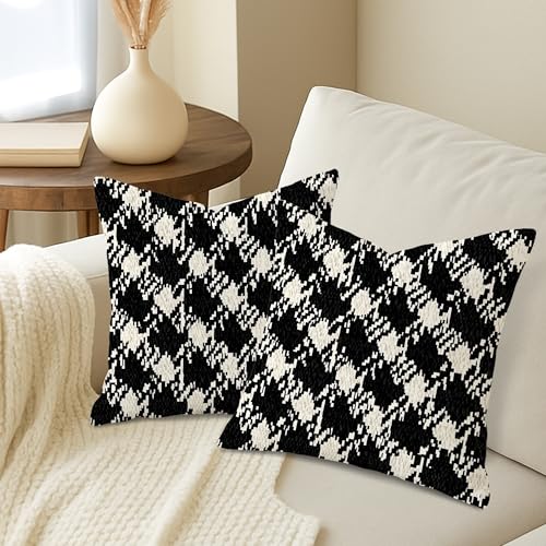 Houndstooth Throw Pillow Covers Set of 2, Modern Contemporary Geometric Abstract None Black Soft Velvet Washable Decorative Pillow Cases for Living Room Apartment Bed Sofa Decor 12x12 Inch - size: 12" x 12" (Pack of 2)