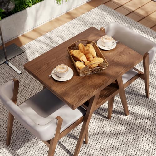AnywaysWood Solid Wood Outdoor Patio Dining Table Set,3 PCS Bistro Dining Table Set of 2 with upholstered Chairs Patio Conversation Set Stackable Chair and Table Design for Lawn,Deck,Backyard,Walnut - size: 31.5“ x 23.6” x 29.9“