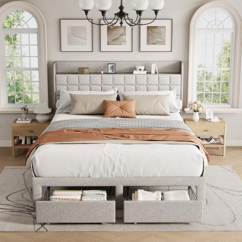 DUMOS Queen Bed Frame, Upholstered Platform Bed Frame with Storage Drawers | Queen Size Bed Frame With Storage Drawers, with Headboard, Wood Bed Slats Support 882 lbs, No Box Spring Needed, Light Grey - color: Light Gray, size: Queen (U.S. Standard)