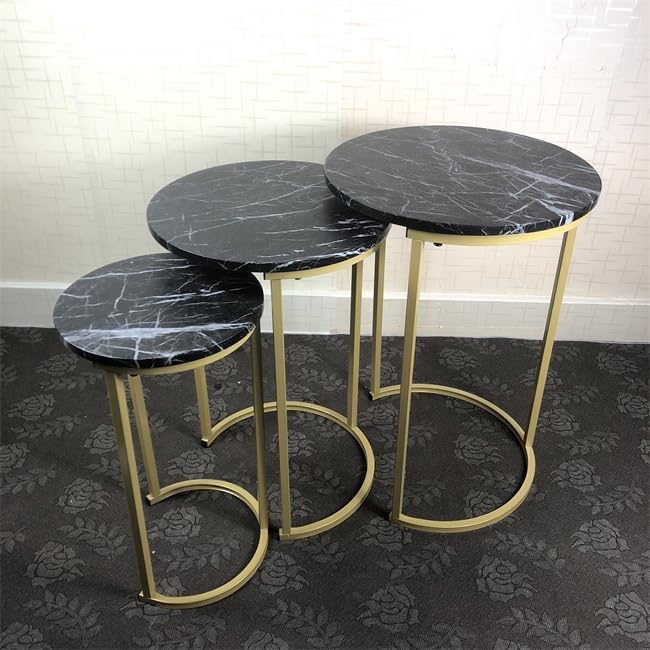 HYGRAD BUILT TO SURVIVE Set of 3 Round Wooden/Steel Nesting Side Stacking Sofa Side Coffee Tables, Small Space Coffee Tea Table for Hallway Living Room Bedroom, Home, Office (Black/Gold) - color: Black/Gold