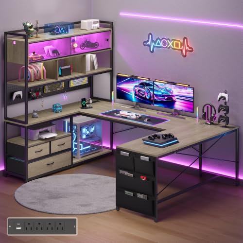 busyeah U-Shaped Gaming Desk with Storage Shelves & 3 Drawers, Oak Gray | Reversible Computer Desk with LED Lights & Charging Station, Gaming Desk with Hutch and Pegboard for Home Office, Gamers - color: Oak Gray