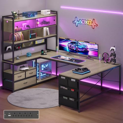 busyeah U-Shaped Gaming Desk with Storage Shelves & 3 Drawers, Oak Gray | Reversible Computer Desk with LED Lights & Charging Station, Gaming Desk with Hutch and Pegboard for Home Office, Gamers - color: Oak Gray