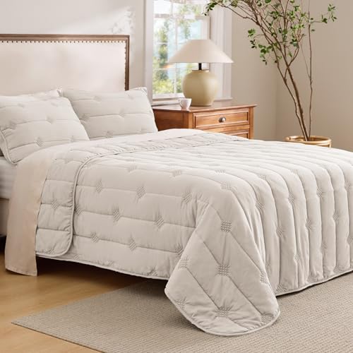 Bedsure Lightweight Queen Comforter Set – Beige Prewashed Soft Bedding for All Seasons, Queen Size Quilt Set (90"x96") with 2 Shams, Machine Washable - color: 03 - Beige, size: Queen / Full (90" x 96")