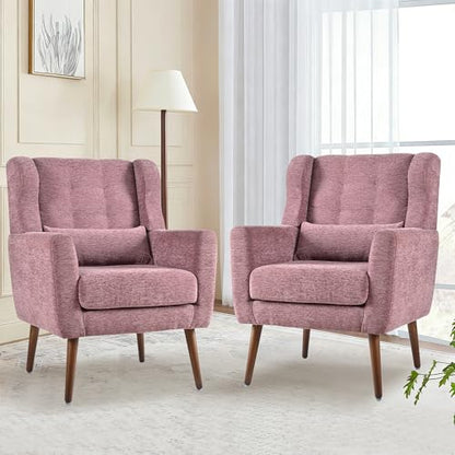 Accent Chair Set of 2, Upholstered Armchair with Pillow, Fabric Single Sofa Chair with Lounge Seat and Wood Legs Accent Chair for Living Room Small Spaces (Purple, Set of 2) - color: Purple, size: Set of 2