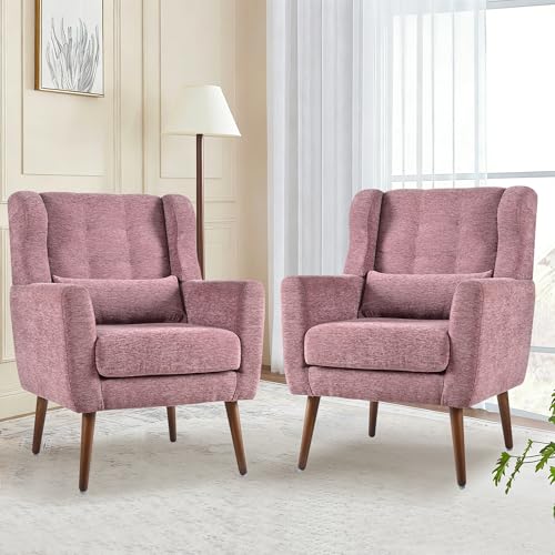 Accent Chair Set of 2, Upholstered Armchair with Pillow, Fabric Single Sofa Chair with Lounge Seat and Wood Legs Accent Chair for Living Room Small Spaces (Purple, Set of 2) - color: Purple, size: Set of 2