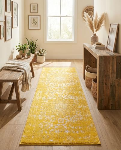 Rugs.com - Arlington Rug – 6 Ft Runner Yellow Distressed Medallion Runner Rug – Perfect for Hallways, Kitchens, and Entryways - color: Yellow, size: 2' x 6' (Runner)