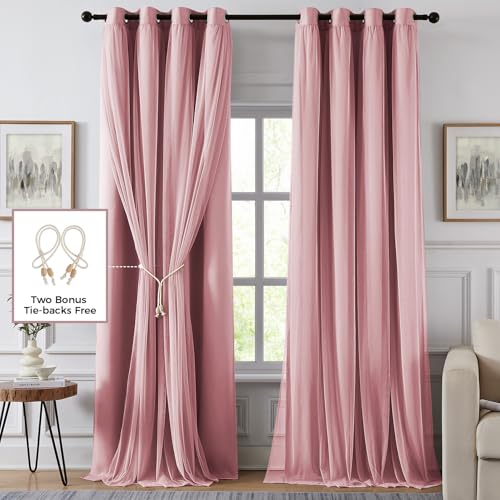 100% Blackout Curtains for Bedroom, Double Layer Pink Curtains, Black Out Curtain 84 inch Long with Sheer Overlay for Living Room, Room Darkening Window Drapes with Grommet, 52" W x 84" L - color: Pink, size: 52"W x 84"L (Pack of 2)