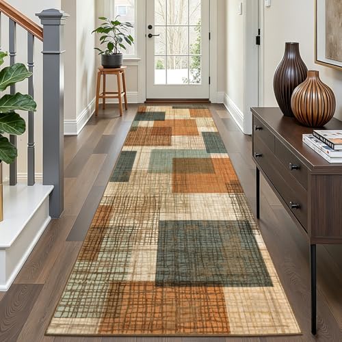 Washable 2x10 Modern Geometric Patchwork Grid Runner Rug Orange/Blue | Non Slip, Low-Pile, Soft Stain Resistant, Flame Resistant, Long Runners for Hallway Kitchen Bedroom Bathroom Entryway - color: Orange/Blue Multi, size: 2' x 10' (Runner)