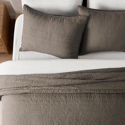 EVERGRACEHOME 100% Cotton Modern Lines Quilt Set King Size, Mushroom Brown | Pre-Washed Soft Cotton, Striped Coverlet Bedspread, 3 Piece Lightweight Bedding Set for All Season, with 2 Pillow Shams - color: Mushroom Brown, size: King (108" X 92")