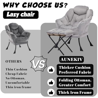 Lazy Chair with Ottoman, Comfy Reading Chair, Grey | Cushioned Seat with Foldable Ottoman and Side Pocket, Lounge Chair for Bedroom, Living Room, Dorm and Small Spaces - color: Grey