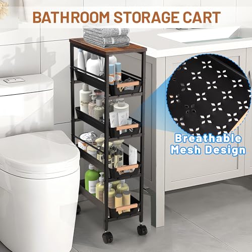 Slim Storage Cart, 5-Tier Narrow Rolling Kitchen Laundry Room Cart with Drawer and Wheels, Metal Utility Cart Slide Out Organizer for Small Spaces (Black) - style: 5 Tiers-Black