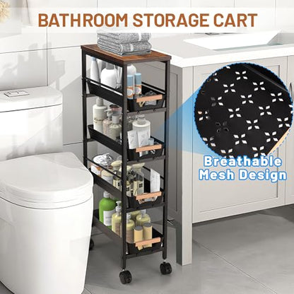 Slim Storage Cart, 5-Tier Narrow Rolling Kitchen Laundry Room Cart with Drawer and Wheels, Metal Utility Cart Slide Out Organizer for Small Spaces (Black) - style: 5 Tiers-Black