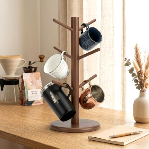 Bamboo Coffee Mug Tree with 6 Hooks, Brown Coffee Cup Holder for Countertop | Decorative Bamboo Mug Holder with 6 Hooks, Non-Slip Wooden Base, Easy-Access Mug Rack for Kitchen Coffee Bars Kitchen - color: Brown