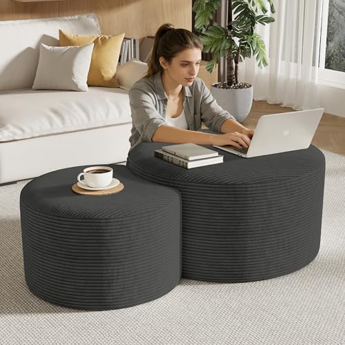 Round Nesting Coffee Table Set of 2,Upholstered Foam Ottoman Footrest Side Table Set,Modern Flannel Circle Coffee Table No Assembly for Living Room Entryway Bedroom,Grey - color: Grey