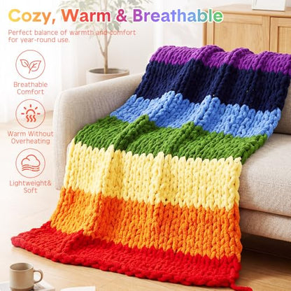 Rainbow Chunky Knit Throw Blanket 50"x60" Soft Knitted Throw Chenille Yarn Handmade Crochet Big Thick Blanket Rope Knot Blankets for Couch Sofa Bed Home Decoration