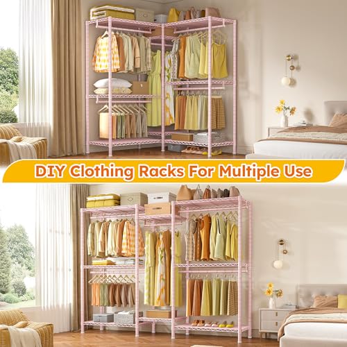 Raybee Clothes Rack,Clothing Racks for Hanging Clothes Heavy Duty,Adjustable Garment Rack with Shelves,Rolling Clothes Rack Max Load 905LBS,75" W x 77" H x 17.8" D Pink - color: Pink, size: 75" W x 17.8" D x 77" H
