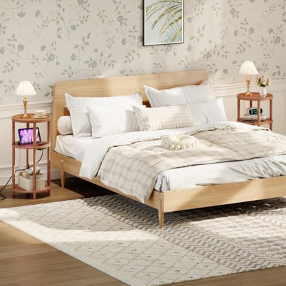 HOOBRO Small Round Side Table with Charging Station, 3-Tier Round Bamboo End Table, Compact Sofa Bedside Table for Small Space, Easy Assembly, for Living Room, Bedroom, Apartment, Walnut WL152UBZ01 - color: Walnut