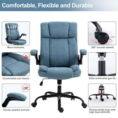 Fabric Office Chair High Back Executive Ergonomic Chair Flip Arms | Premium cloth fabric office chair with high back ergonomic support, flip-up arms, adjustable height, 90°-120° tilt function - color: Blue