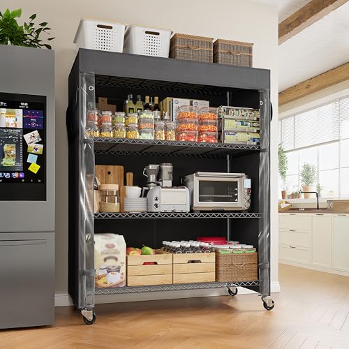 REIBII 4-Tier Shelving Unit with Cover, Dustproof, with Wheels for Pantry | Heavy-duty steel, 794 lbs capacity, Dustproof cover with zippered access, 4 lockable wheels, Adjustable, Tool-free assembly - size: 36" W x 14.3" D x 56.5" H
