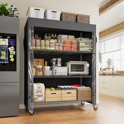 REIBII 4-Tier Shelving Unit with Cover, Dustproof, with Wheels for Pantry | Heavy-duty steel, 794 lbs capacity, Dustproof cover with zippered access, 4 lockable wheels, Adjustable, Tool-free assembly - size: 36" W x 14.3" D x 56.5" H