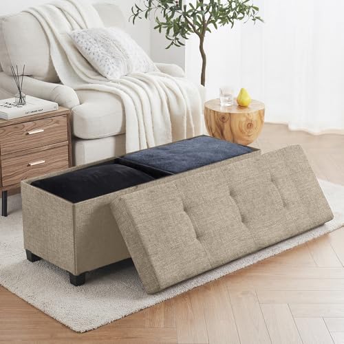 Ornavo Home 43" Large Storage Ottoman Bench with Legs, Taupe | Foot Rest Stool; Ottoman with Hidden Storage; Ideal for Bedroom, Living Room, Entryway or Home Office - color: Tan/Taupe, size: 15"D x 43"W x 15"H