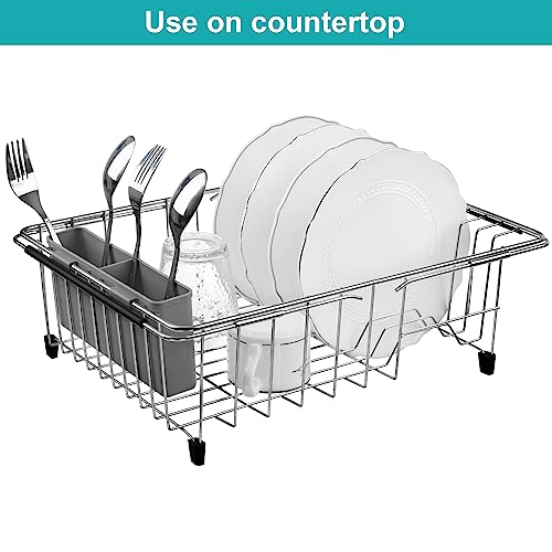 Expandable Multifunctional Dish Drying Rack, Over The Sink, in Sink Or On Counter Dish Drainer Basket Organizer Shelf with Removable Grey Utensil Silverware Holder, Rustproof Stainless Steel - color: Gray