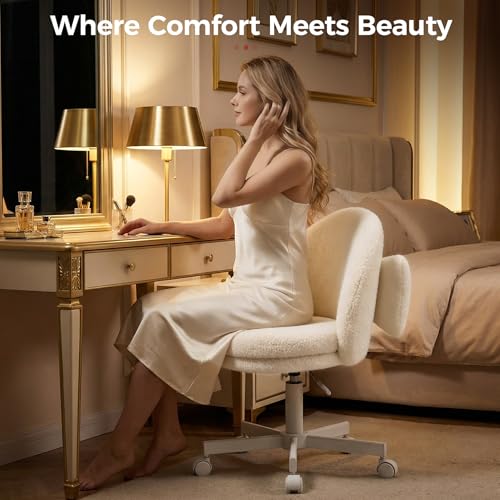 GTPLAYER Velvet Tall Office Chair with Wheels Vanity Chairs with Back, Versatile Height Use: Office to Bar Stools Small Ergonomic Comfy Armlees Computer Desk Chair with Bow Lumbar Pillow for Gift - color: Tv-cream