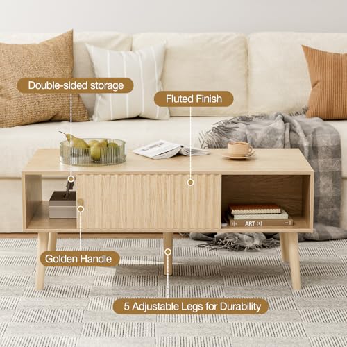 LCRBOL Coffee Table with Fluted Sliding Door, Modern, Natural | 39.3"L x 19.7"W x 17.1"H, double-sided sliding door & open shelf (7.5" clearance), golden knob, 5 tapered legs - color: Oak(lsj012-n)