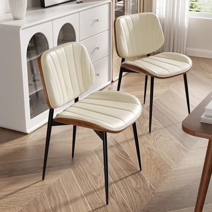 Dining Chairs Set of 6, Mid Century Modern Dining Room Chair, Upholstered Faux Leather Kitchen Chairs with Walnut Bentwood Back and Metal Legs for Kitchen Dining Room Living Room, Beige - color: Beige, size: Set of 6