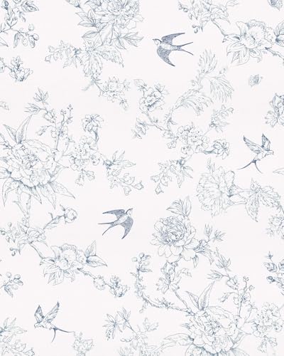 Simon&Siff Blue and White Vintage Floral Birds Peel and Stick Wallpaper | 120" x 17.3" Removable Self Adhesive Waterproof Contact Paper, Renter Friendly Wall Paper for Cabinets, Furniture, DIY Decor - color: Blue, size: 17.3" x 120"