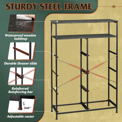 WLIVE 8 Drawer Fabric Dresser Open Shelves, Tall Bedroom Chest, Charcoal | 8 fabric drawers plus open shelves, steel frame with wood top, great for bedroom closet entryway and dorm storage - color: Charcoal Black Wood Grain Print, style: Raised Shelves