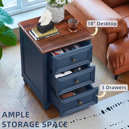 RWYHG 18" Night Stand with 3 Drawers, Farmhouse Modern Nightstand | Blue Farmhouse Modern Bedside Table, Open Storage Shelf, Solid Wood Legs, Bed Side End Tables for Bedroom Living Room - color: Navy Blue, style: 3 Drawers