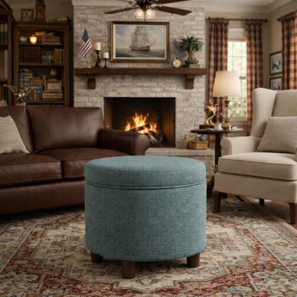 HomePop 19" Round Storage Ottoman - Teal Tweed - color: Teal