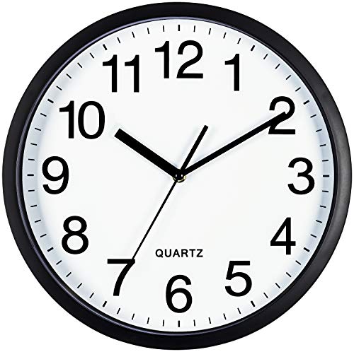 Bernhard Products Black Wall Clock 2 Pack Silent Non Ticking 10 Inch Bold Quality Quartz Battery Operated Round Easy to Read Home/Office/Classroom/School Clocks, Sweep Movement - size: 10 Inch - 2 Clocks