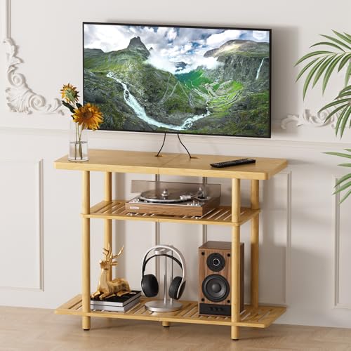 Bamboo TV Stand, Small TV Stands for up to 32 Inch, 3-Tier Entertainment Center TV Shelf with Storage, Sturdy Corner TV Stand for Bedroom, 31.5 x 24.2 x 11.8 inches - color: Natural Color
