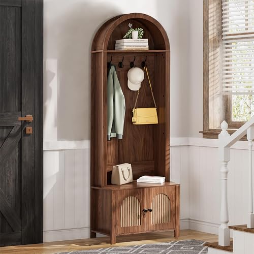 Hall Tree with Bench and Shoe Storage 4-in-1 Entryway Bench with Coat Rack | 70.9"Arch Coat Rack with Fluted Doors and 4 Hooks,Top Cubby,Farmhouse Tall Hall Tree Entryway Organizer for Hallway,Walnut - size: 23.7"W