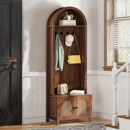 Hall Tree with Bench and Shoe Storage 4-in-1 Entryway Bench with Coat Rack | 70.9"Arch Coat Rack with Fluted Doors and 4 Hooks,Top Cubby,Farmhouse Tall Hall Tree Entryway Organizer for Hallway,Walnut - size: 23.7"W