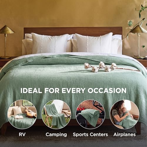 Bedsure 100% Cotton Muslin Blanket King Size for Bed - 4-Layer Breathable and Lightweight Thin Soft Summer Gauze Muslin Blanket for Adults, Sage Green, 108x90 Inches | Lightweight Breathable Summer Gauze Muslin Blanket for Adults, Soft Thin Bedspread Cove