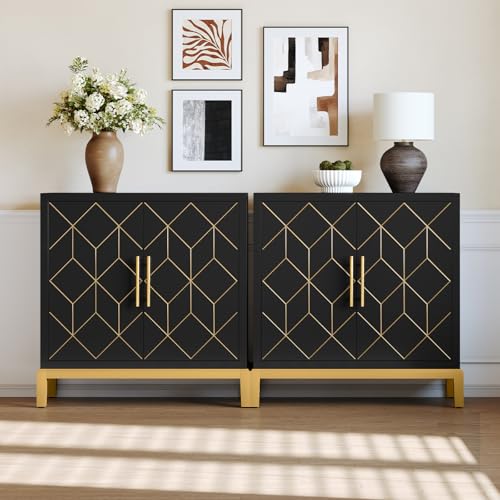 HLR Accent Cabinet with Gold Trim Set of 2,Storage Cabinet with 2 Doors,Modern Wooden Sideboard for Living Room, Kitchen, Office and Hallway(Black) - color: Black, size: 2 piece