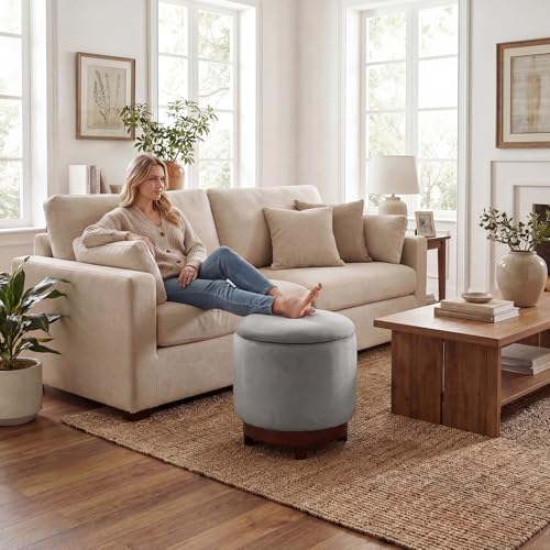 Giantex Round Ottoman with Storage, 360° Swivel Velvet Vanity Stool with Removable Lid, Wood Frame & Legs, Ottoman Foot Rest for Living Room, Bedroom, Makeup Room No Assembly (Gray & Walnut) - color: Gray & Walnut