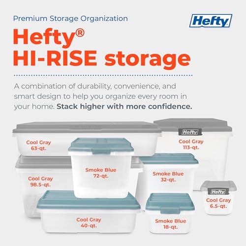 Hefty HI-RISE Stackable Storage Bins - Under Bed Storage Containers with Lids, Shoe Organizer, Plastic Storage Bins, Clear Shoe Boxes with XL Lid-Locking Latches, Durable Double Rim - 72qt (6 Pack) - size: 72 Qt - 6 Pack
