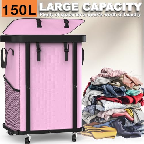 Laundry Basket with Wheels,150L (40 Gal) Rolling Hamper Carts - Pink | Leather Patchwork Laundry Hamper,Sturdy Metal Frame, Removable Washable Bag, Tall Clothes Sorter for Bedroom, Laundry Room - color: Pink, size: 1 Section-150L