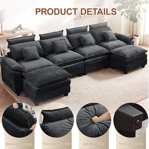 134'' U Shaped Sectional Couch, Cloud Deep Seat Sofa Couch with 2 Ottoman, Detachable Headrest, Oversized Modular 5 Seater Sofas for Living Room, Dark Grey - color: Dark Grey, size: U Shaped Couch