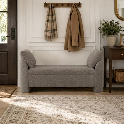 Usaint 58.3" Upholstered Storage Ottoman Bench with 2 Throw Pillows, Brown | End of Bed Bench with Curved Arms and Thickened Seat Cushion for Bedroom, Livingroom, Window, Entryway and Dressing Areas - color: Brown