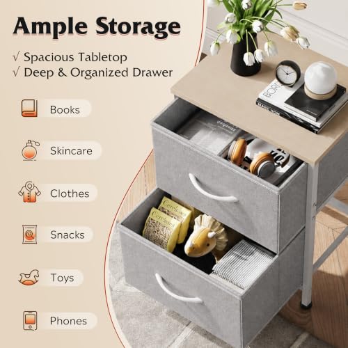 WLIVE Night Stand, Gray Nightstand with 2 Fabric Drawers, Small Dresser for Bedroom, Closet, College Dorm, End Table Side Furniture, Wood Top, Light Grey | Small Dresser for Bedroom, 15-Min Quick-Assembly, Sturdy Metal Frame & Adjustable Feet - color: Lig