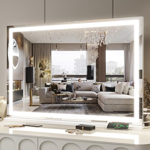 FENNIO Large Vanity Mirror with Lights，35.5" x 27" LED Makeup Mirror，Hollywood Mirror with 3 Color Modes & Adjustable Brightness，Vanity Mirror Square White - color: White, size: 35.5"L x 27"W