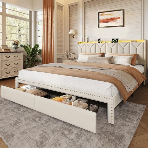 WLIVE King Size Upholstered Bed Frame with 2 Drawers, Storage Headboard Platform Bed with Charging Station and LED Light, Sturdy Metal & Wooden Slats Support, No Box Spring Needed - color: Beige