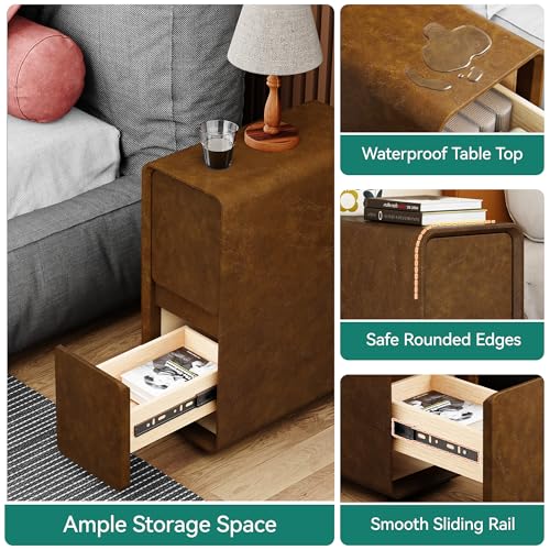 7.8" W Faux Leather Narrow Nightstand, Modern Fully-Assembled Bedside Table with 2 Drawers, Wood Night Stand Small Accent End Table & Side Table for Bedroom, Brown - color: Brown, size: 8in