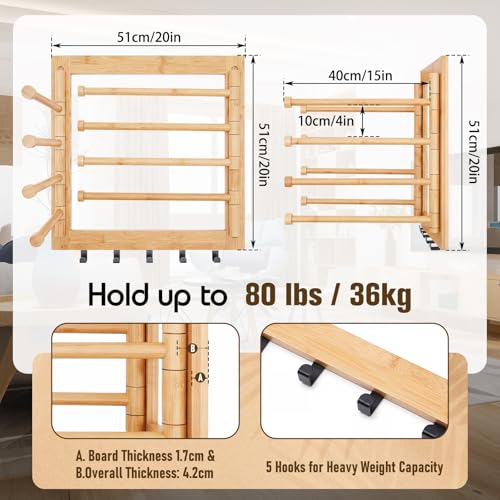 Sintuff Wall Mount Drying Rack 20'' Collapsible Foldable Clothes Dryer Rack | Bamboo, 8 Arms & 5 Hooks, Space Organizing, Laundry Hanger Dryer Rack, 80 lb Capacity